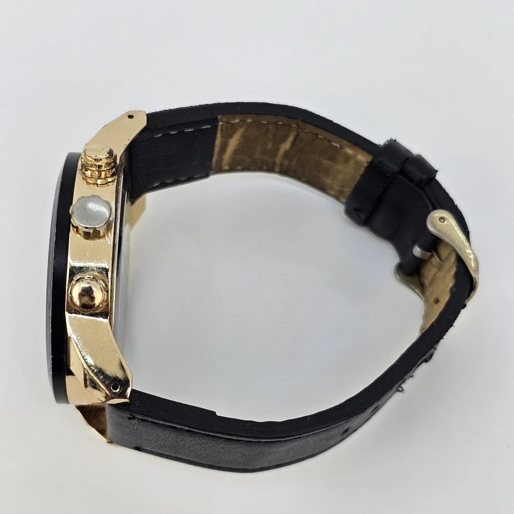 Men's Analog Watch 46MM Black Dial Black Faux‎ Leather Bands New Battery